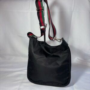 AH-DORNED New York Black Crossbody Bag w/Red, Green, Black Striped Strap
